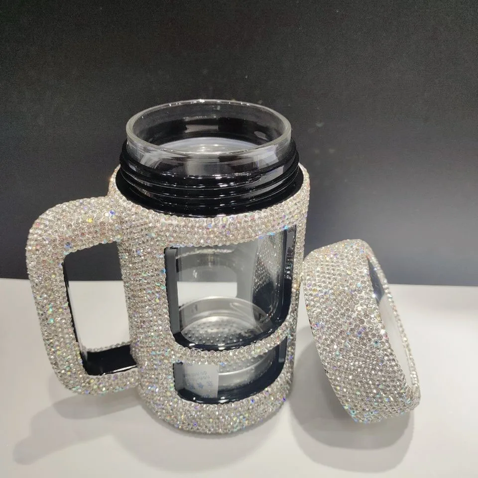 Imagem -05 - Dupla Camada Copos de Vidro com Alça Diamante Garrafa de Água Drinkware Strass Espumante Copo Café Chá Caneca Cerveja