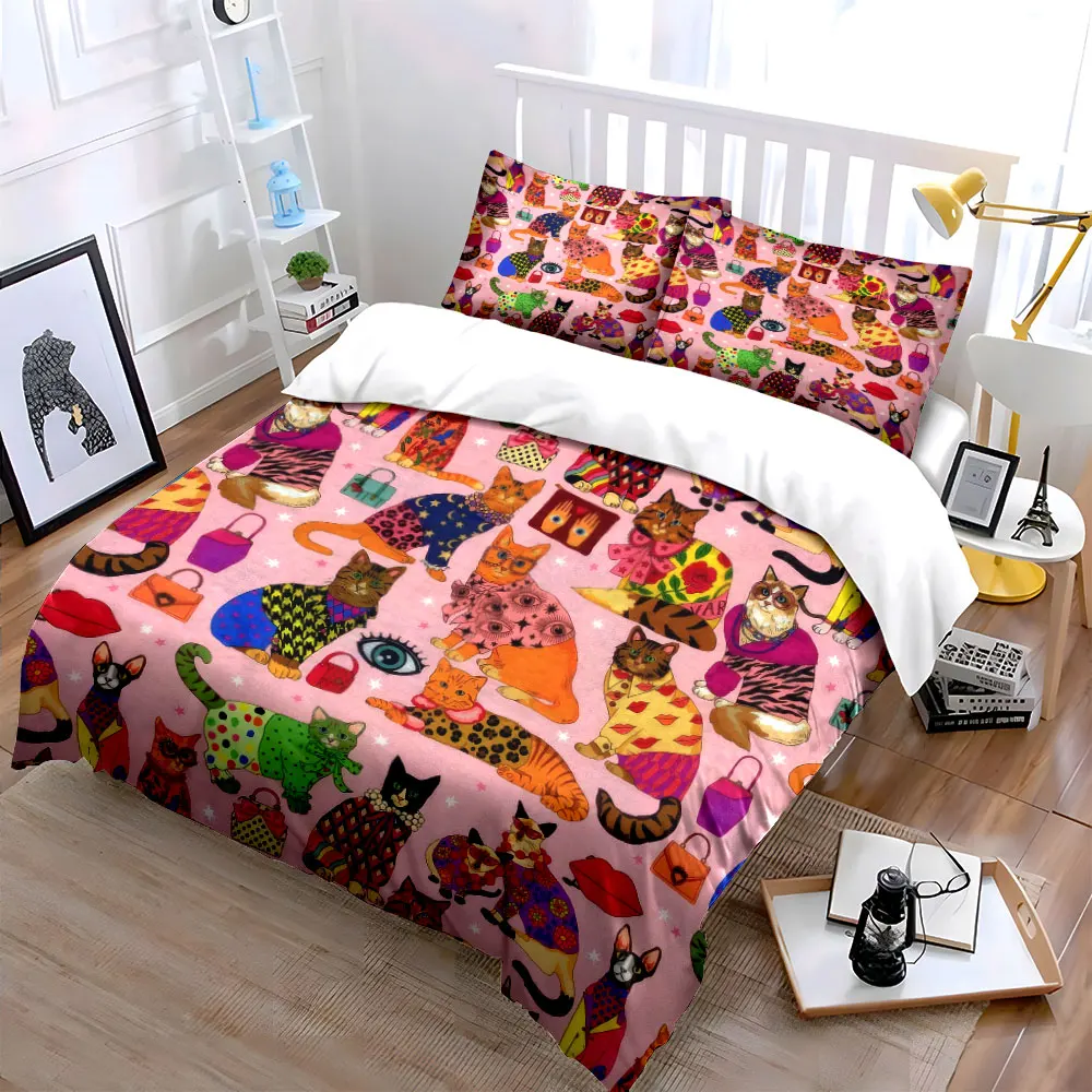 3Pcs Fashion Dress Up Cat Duvet Cover Set, Pink Background Luxury Kitty Repeat Bedding Single Double King Queen, Gift