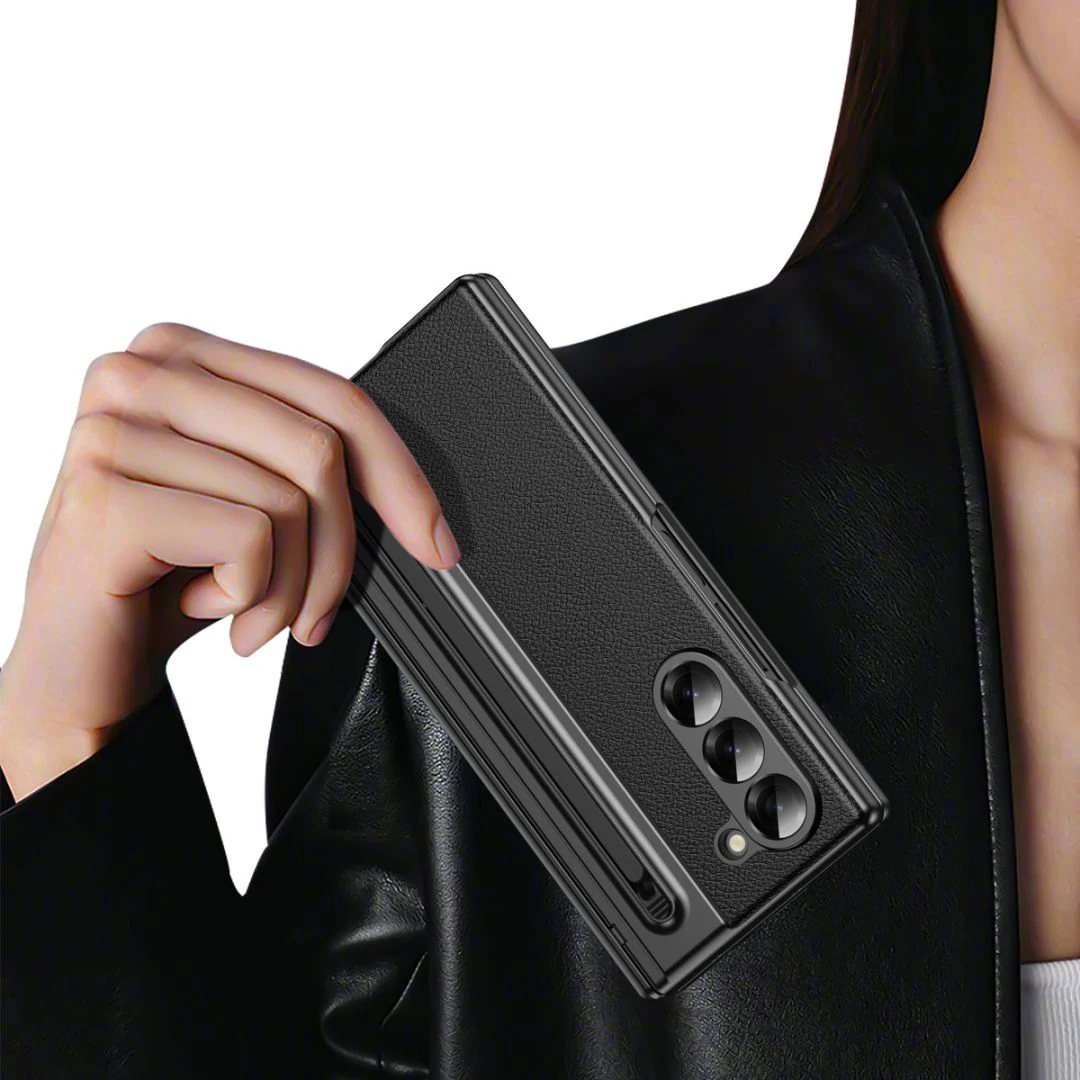 S Pen Handyhülle für Galaxy Z Fold7, Scharnierschutz und integrierter Displayschutz, Leder-Handyhülle für Fold6, Fold 5/4/3, Schwarz – Detail 4