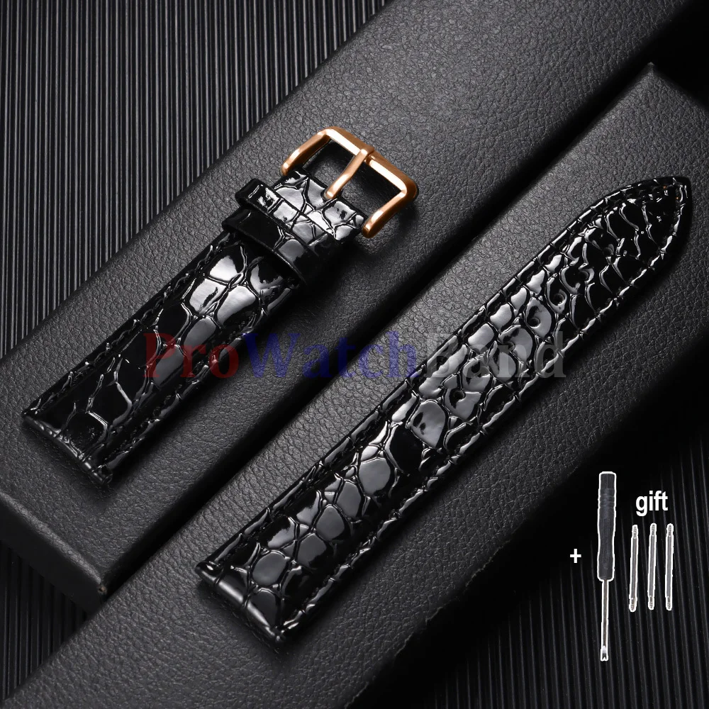 Crocodile Pattern Watch Strap Leather Watchband 12/14/16/18/19/20/22mm Gold Buckle Bracelet Men Wrist Band for Seiko for Omage image 3
