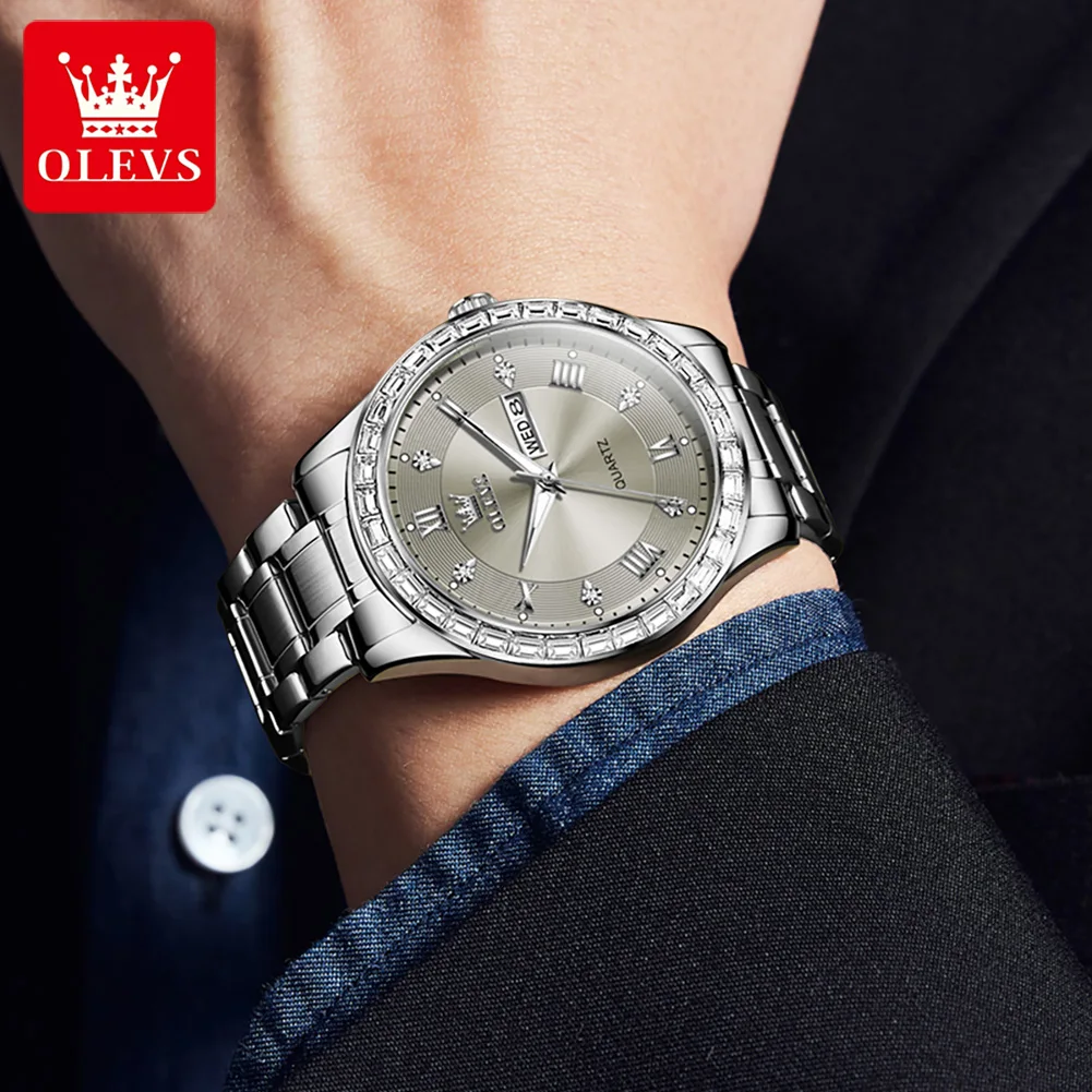 OLEVS Men\'s Watches Top Brand Classics Fashion Original Quartz Wristwatch for Male Zircon Bezel Waterproof Luminous Date Week