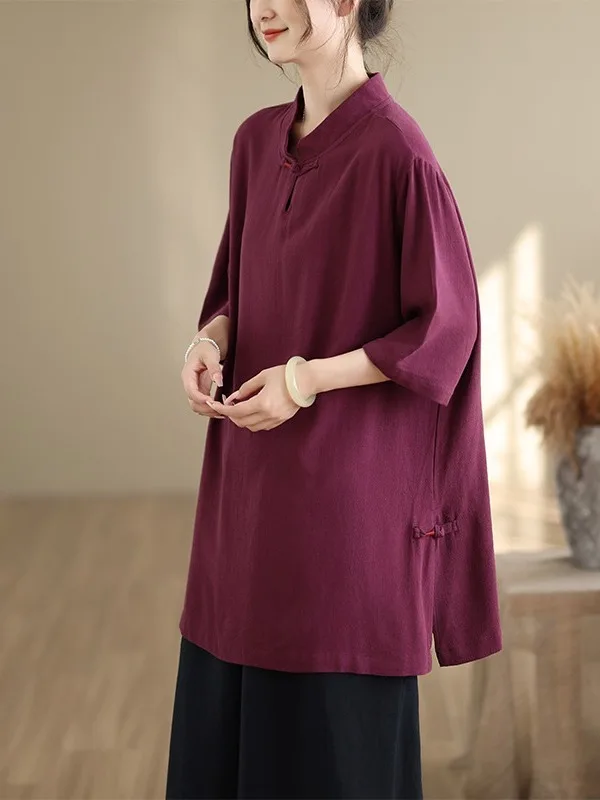 

Retro Chinese Style Shirt Summer New Arrival Large Size Women's Clothing Button Five-Quarter Sleeve Zen Style Mid-Length Top
