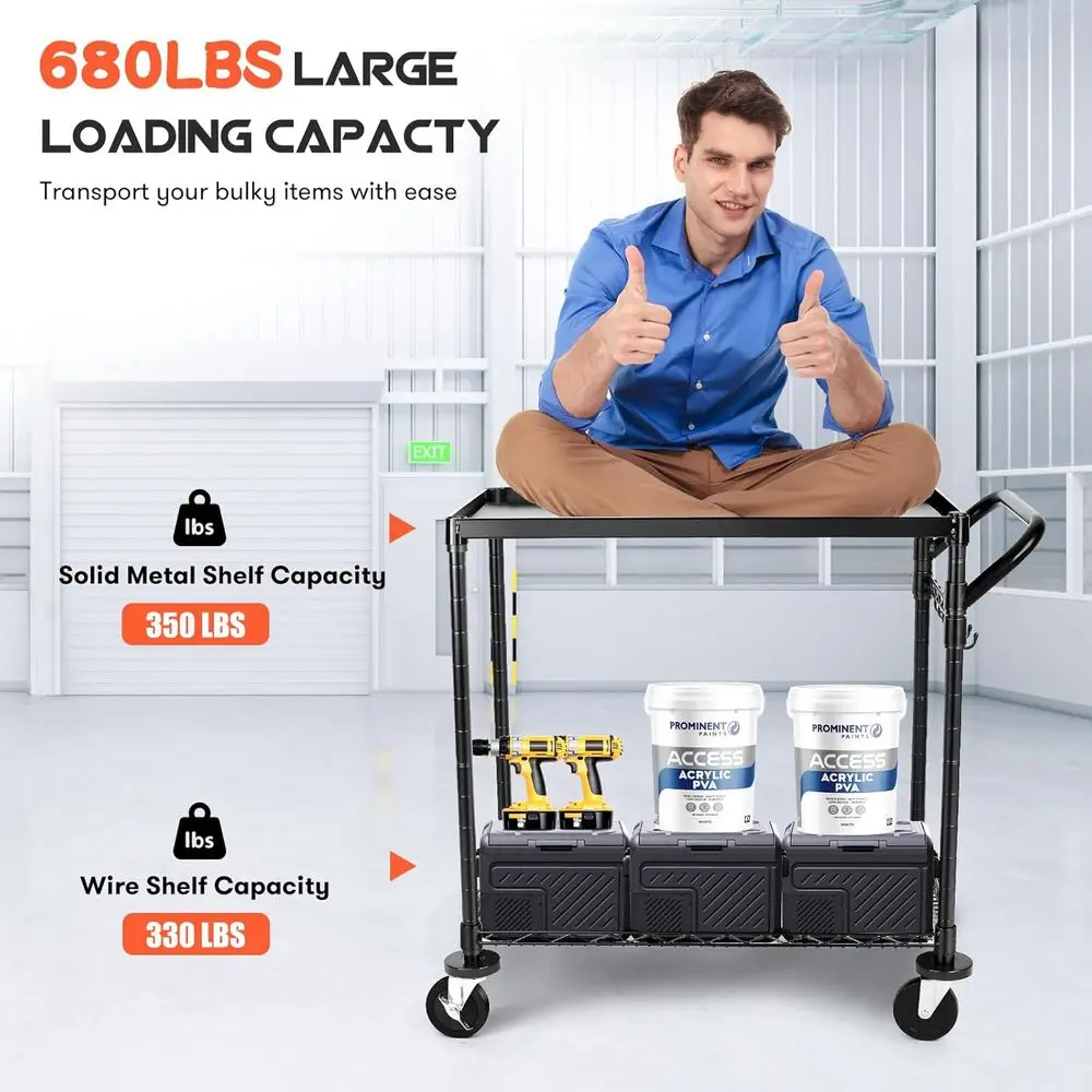 عربة أدوات ذات طبقتين من الدرجة التجارية بسعة 680 رطلاً، وإطار معدني وعجلات ومقبض لاستخدام المطاعم والمطبخ