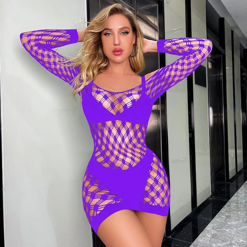 Camicie da notte da donna Abito sexy a rete con spalle scoperte Manica lunga Abiti aderenti trasparenti Vedi attraverso collant a rete