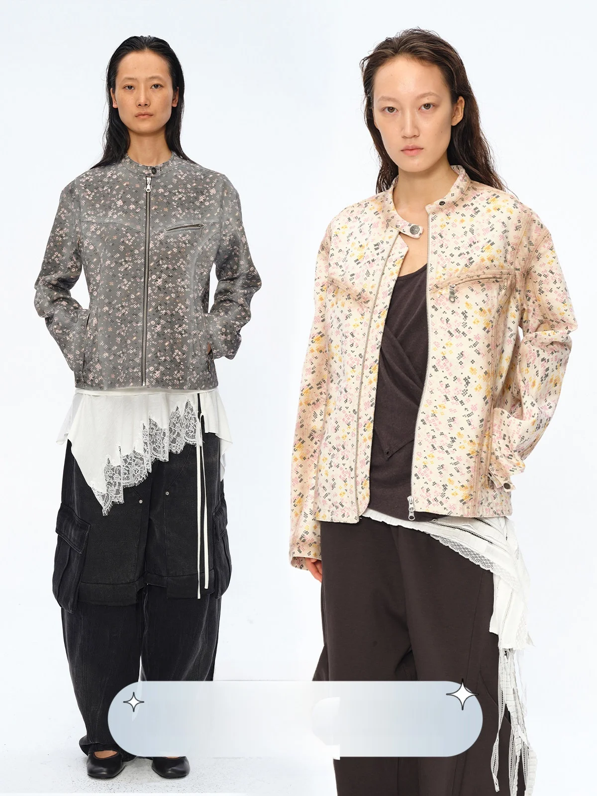 

American Sle Zipper Motorcycle Jaet Outerwear Square Circle Design Printed Mosaic Casual Loose Fit Long Sve Women's Coat