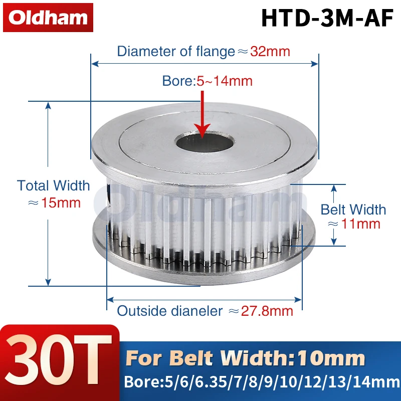 

30 Teeth 3M Timing Belt Pulley Bore 5/6/6.35/7/8/9/10/12/14mm Fit Width 10mm HTD 3M Belt AF 30T 30Teeth HTD3M Pulley CNC Machine