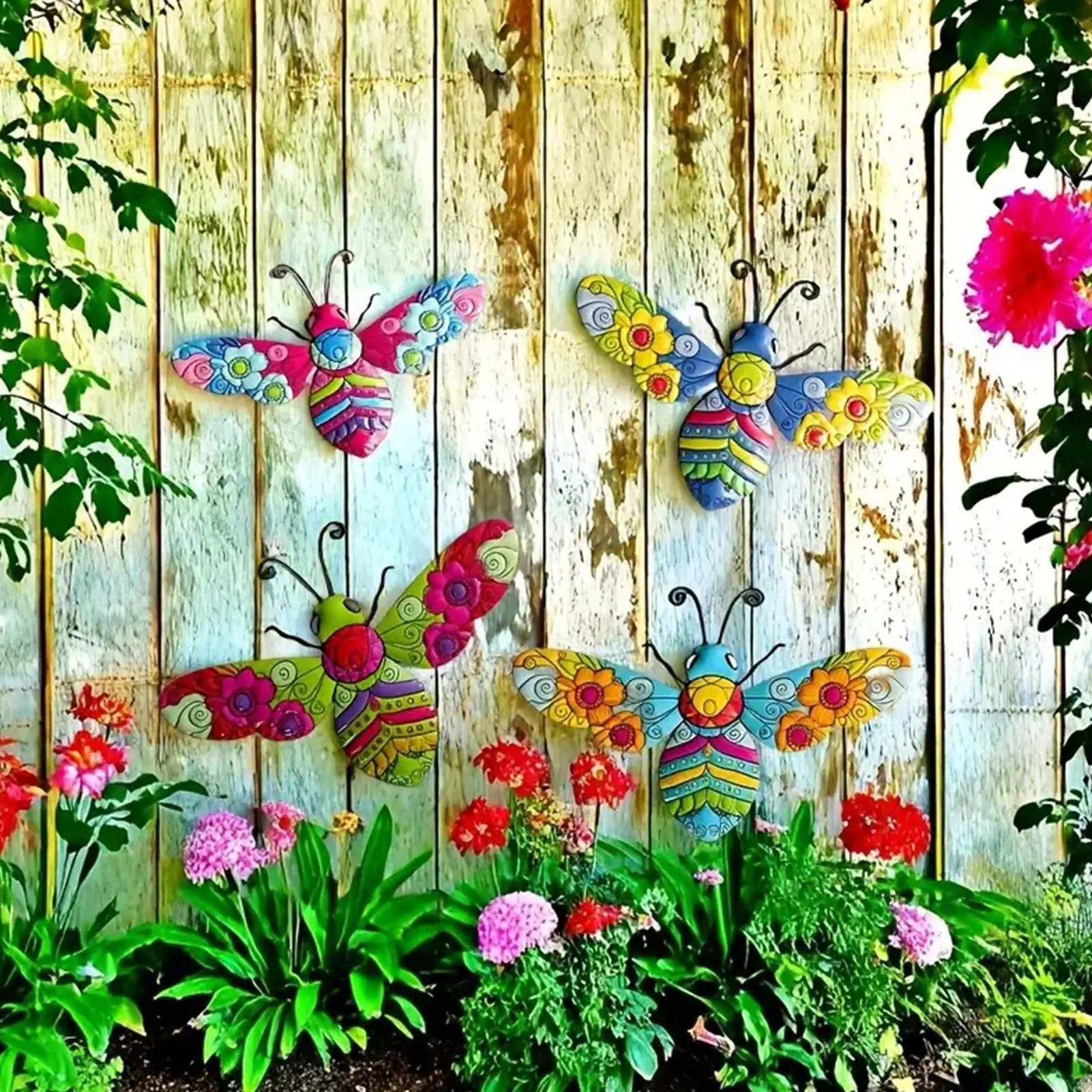 Bee Outdoor Decor 3D Metal Rustic Decorative Figurines 4-Piece Outdoor Iron Fence Garden Decor For Indoor Garden Yard Pathway