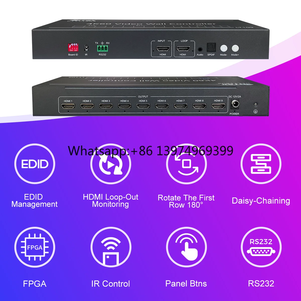 1 Input 9 Output 4K60 HDMI Video Wall Controller, Support Loop Out, Cascading up to 16 Units 144 Screens for Command Center