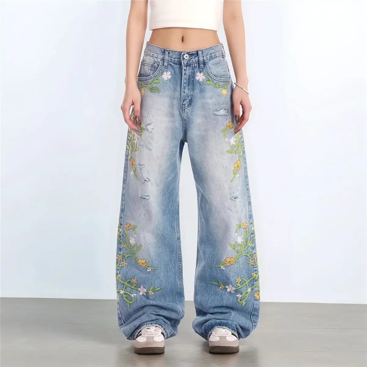 

Женские винтажные джинсы Y2k с цветочной вышивкой, женские джинсы с высокой талией, синие прямые джинсовые брюки, широкие мешковатые брюки