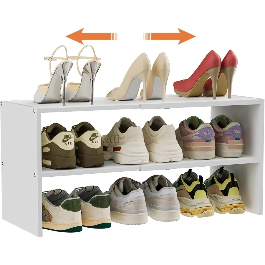 

White Shoe Rack Organizer for Closet 2Tier Expandable Shoe Shelf Stackable Iron Wood Combination Small Shoe Racks Shelves for C
