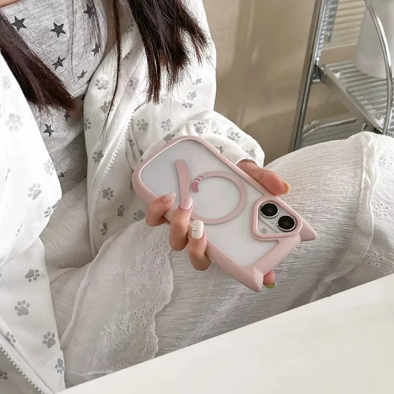 3D Cat Ear Cute Lanyard Magnetic Transparent Case For iPhone 17 16 15 14 13 12 Pro Max Mini Wristband Clear For Magsafe Cover
