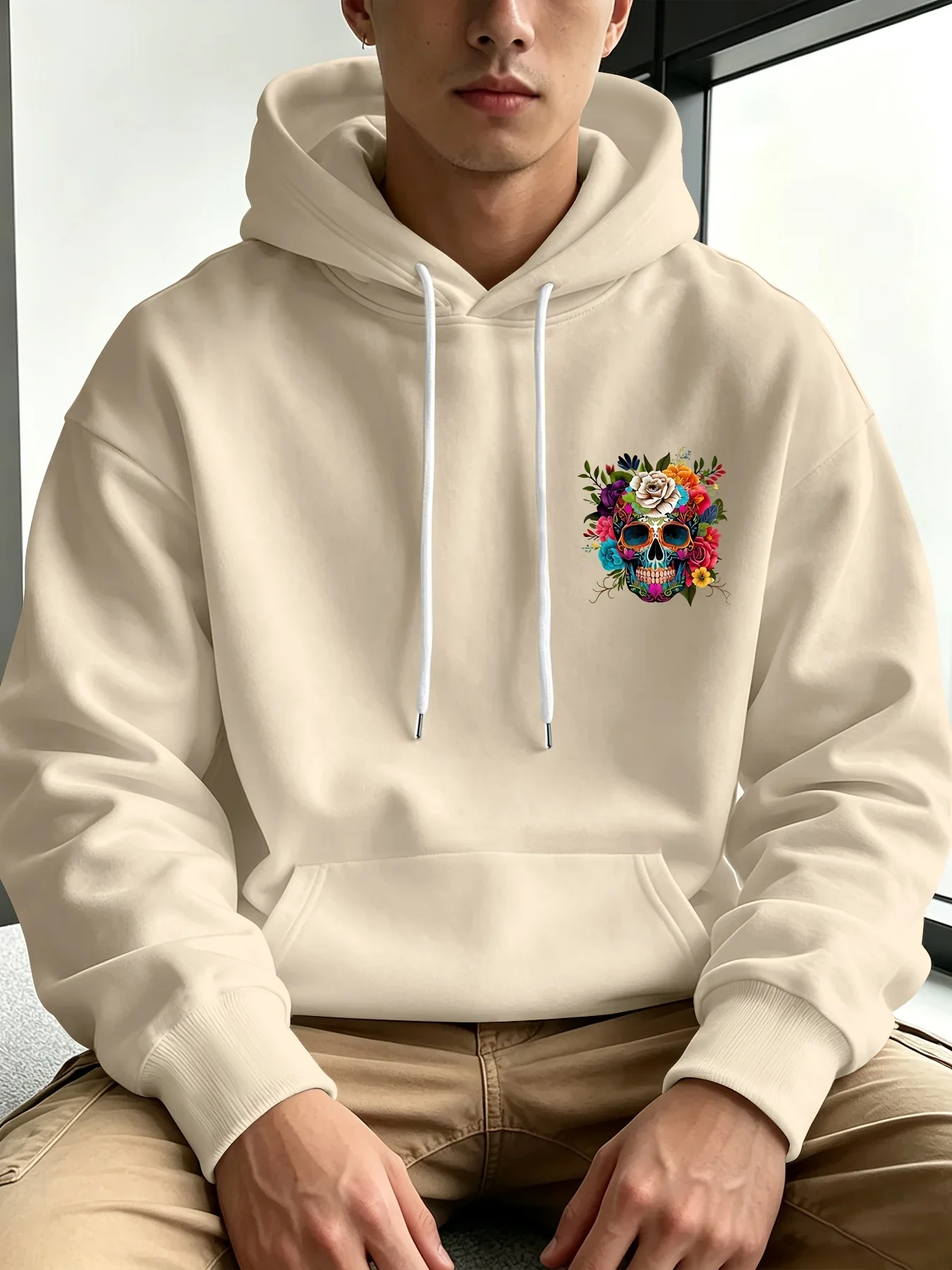 Floral Sugar Skull Graphic Hoodie Mexican Day Of The Dead Colorful Flower Skull Double Side Print Loose Men Hoodie