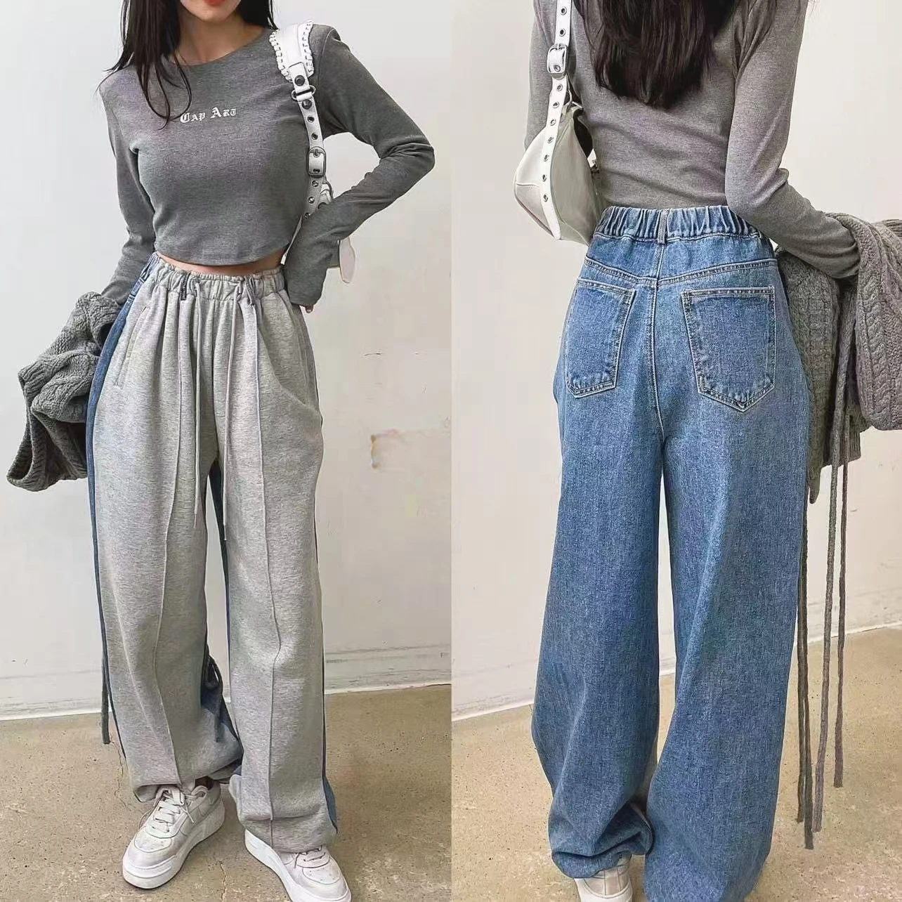 

Повседневные лоскутные женские джинсы с высокой талией, индивидуальный дизайн, утягивающие прямые длинные брюки, широкие брюки с завязками