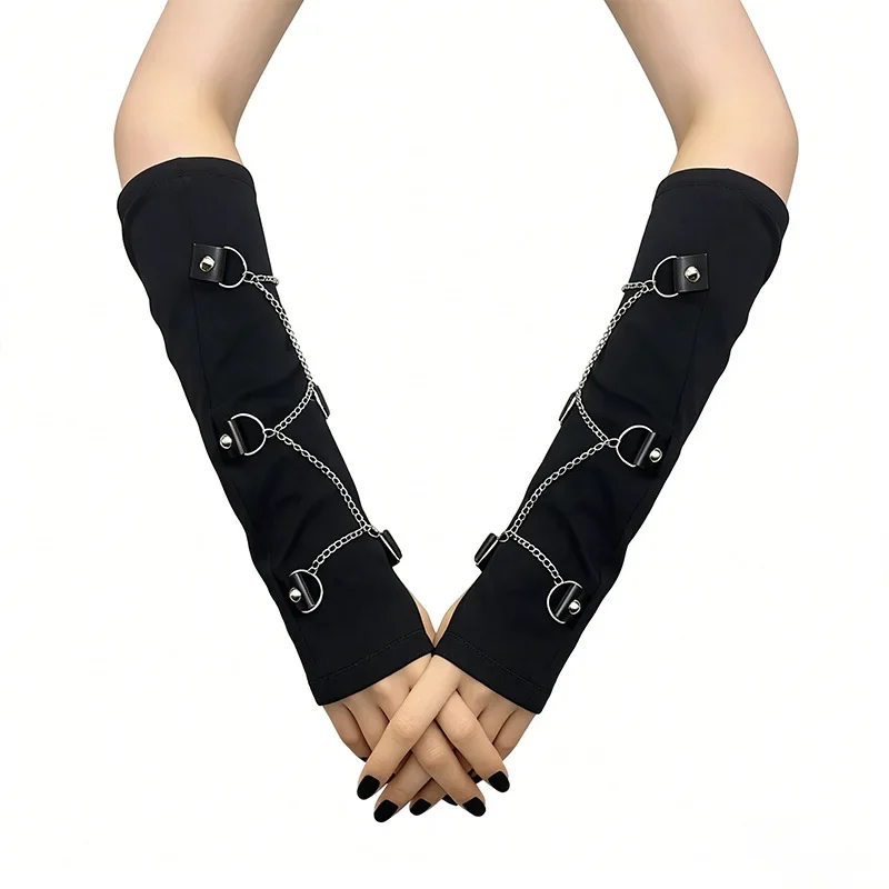 Original Design Half Finger Gloves Women Chain Punk Style Fingerless Arm Warmer Black