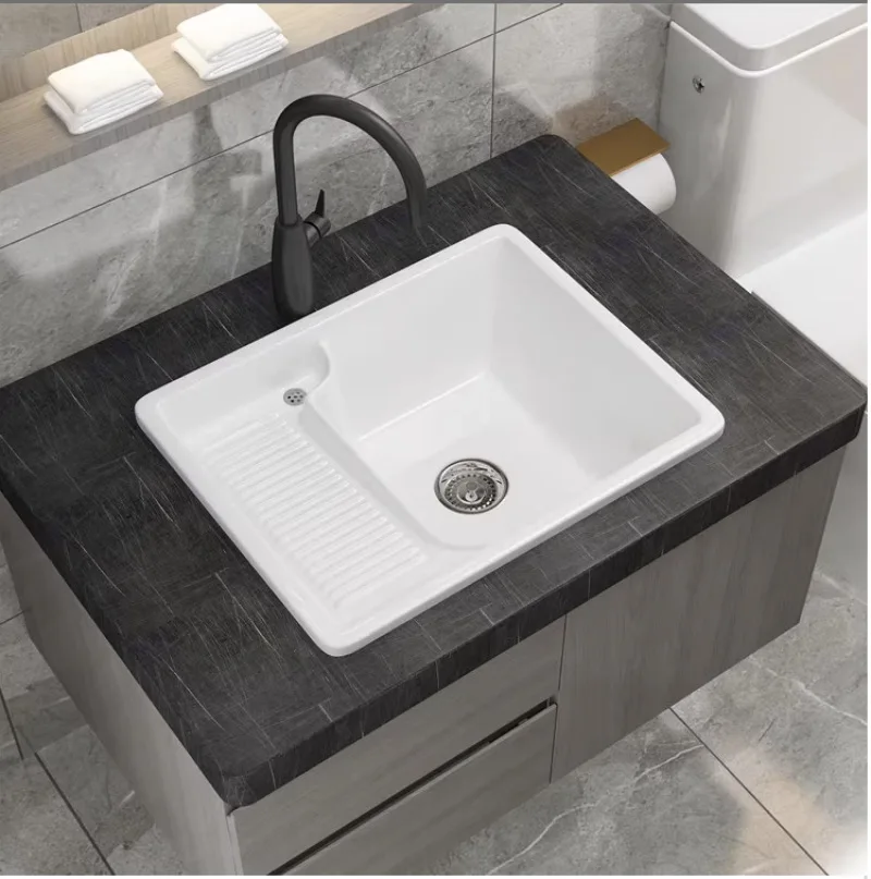 Ceramic balcony laundry basin with washboard, semi embedded sink, household countertop basin, top basin, laundry basin