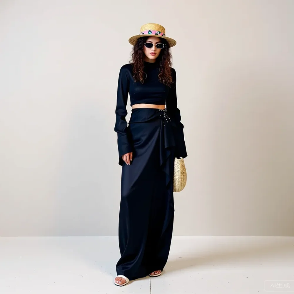 

2026 New Arrival Women's Black High‑Waist Wide‑Leg Pants Skirt Style Elegant Flowing A‑Line Silhouette Trending Summer