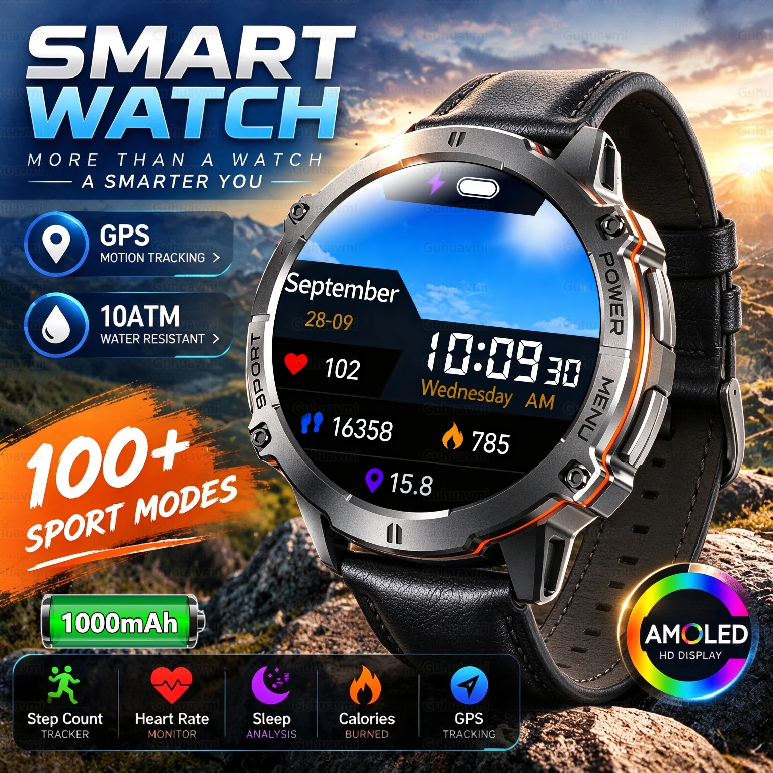 New Military Smart Watch 1000mAh Big Battery 1.7 inch AMOLED Sport GPS Track Call Heart Rate Custom dial Smart Watches For Man