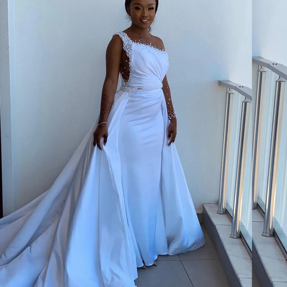

Africa Mermaid Wedding Dresses with Detachable Train Sheer Neck Major Beading Pearls Bridal Gowns robes de mariee Customized