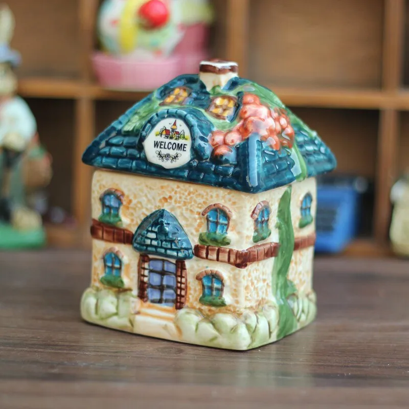 Ceramic small cute house Figurines Home Decor Garden Ornament Crafts Room Wedding Decoration jar Gift Porcelain Jewelry box