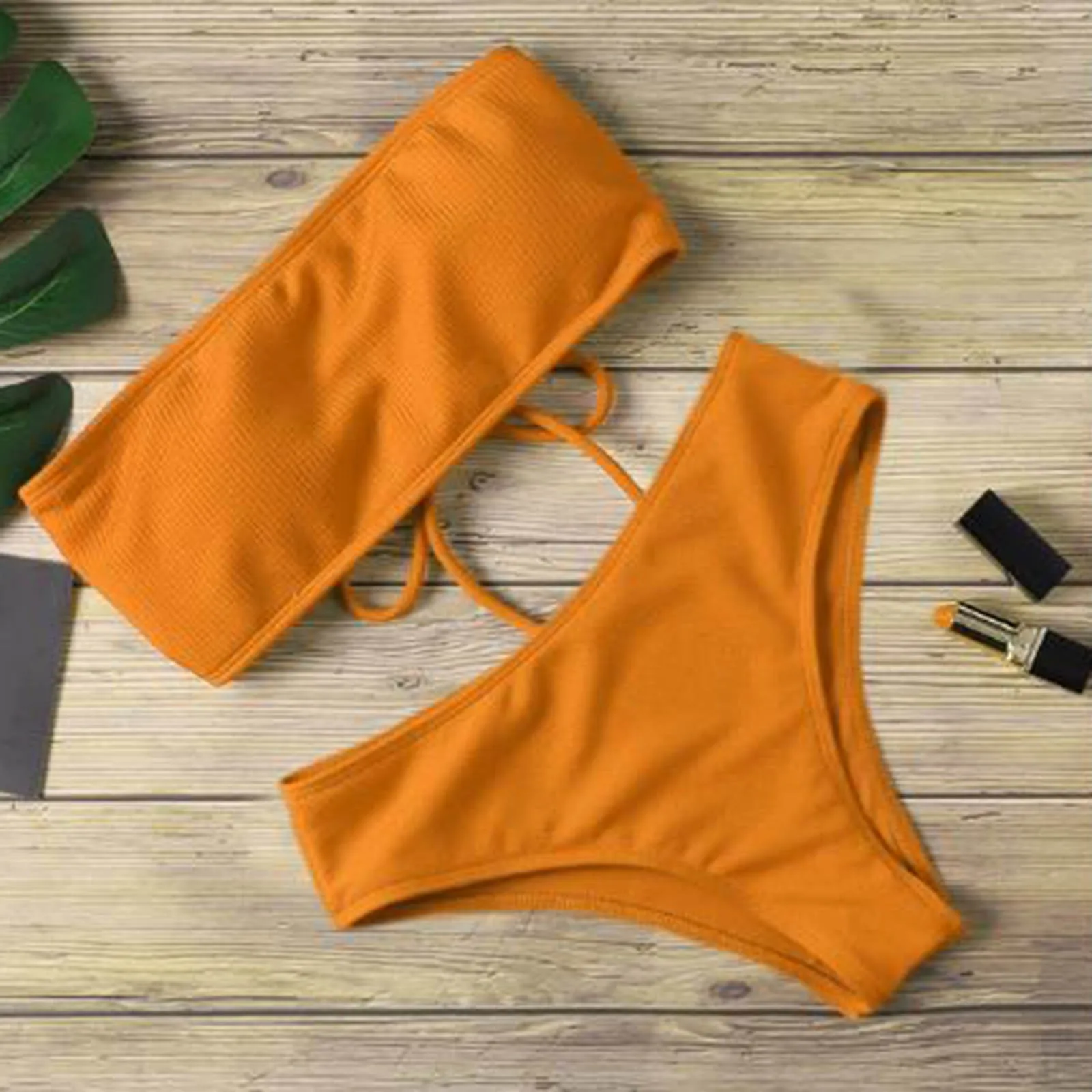 Women\'s Strapless Bikini Set Summer High Waist Split Swimsuit Bathing Suit Solid Color Basic Two-Piece Bikinis Set Female