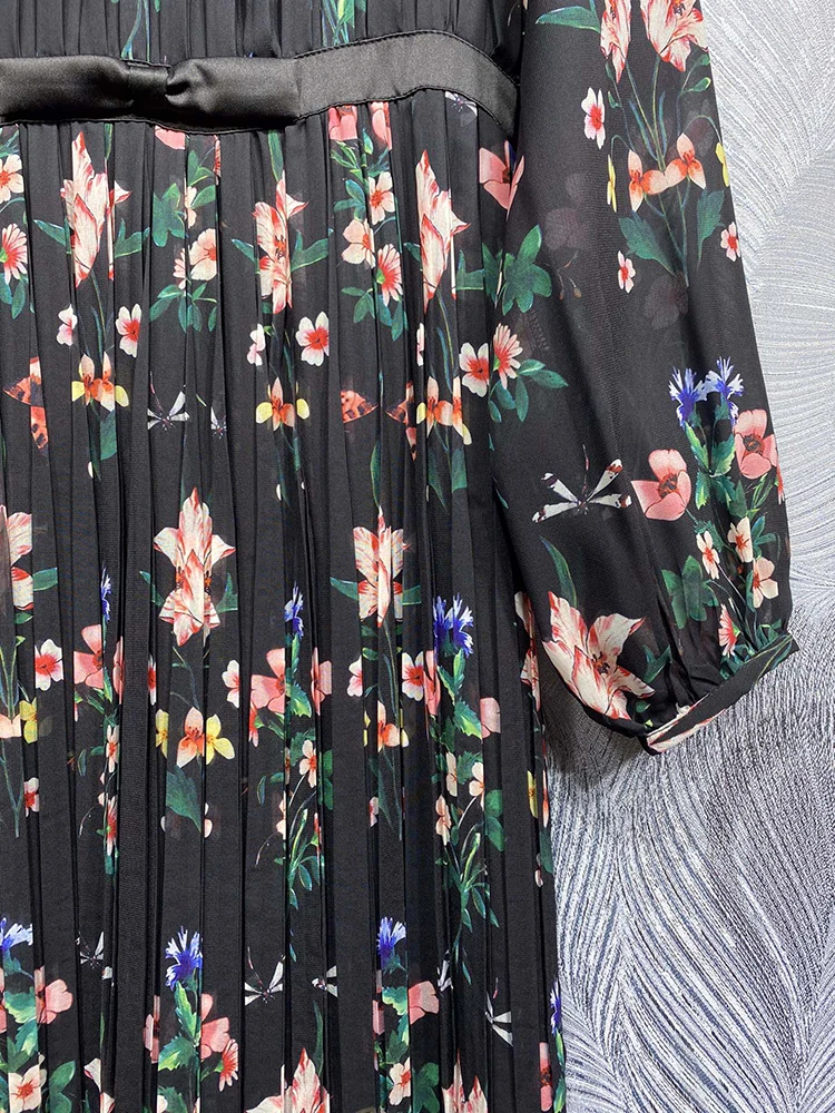 DLDENGHAN Autumn Long Dress Women\'s O-Neck Lantern Sleeve Bow Floral Print Vintage Pleated Dresses Fashion Designer New