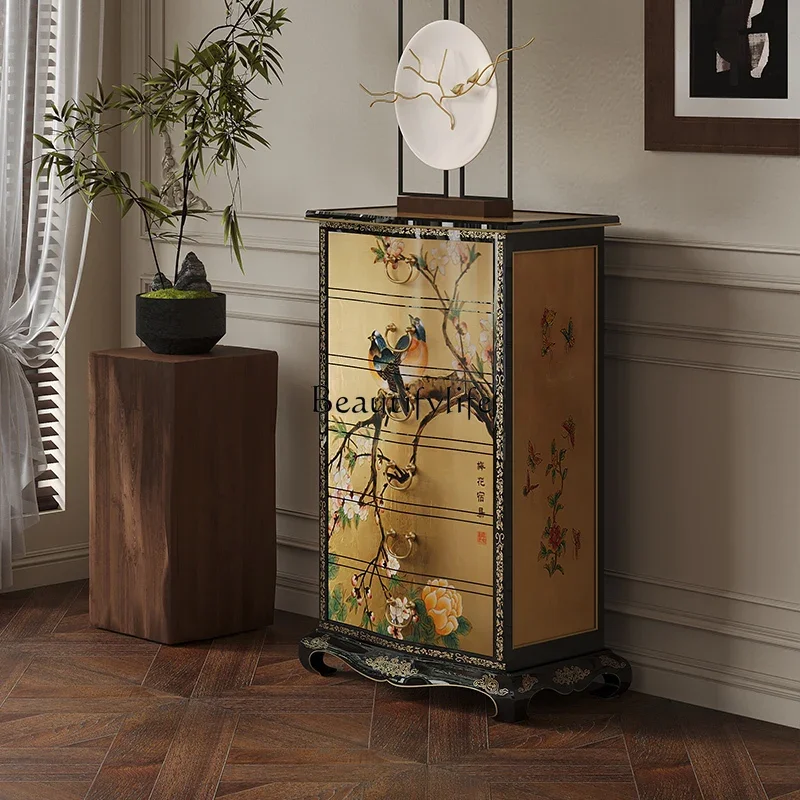 02**New Chinese painted bedside storage chest of drawers French retro solid wood hand painted locker