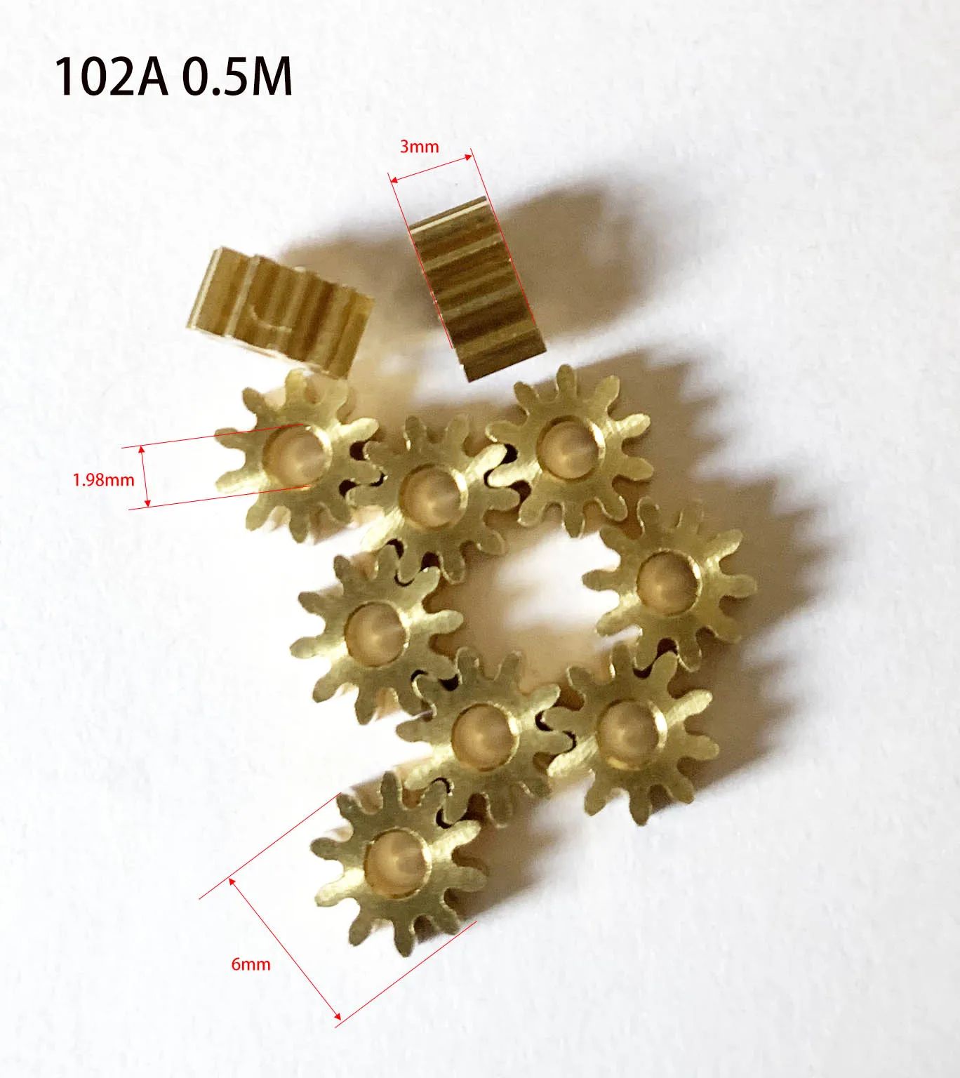 10歯3ミリメートル厚さの金属ギア102A 0.5メートル銅ピニオン1.5ミリメートル/2ミリメートルタイトフィットシャフト部品101.5A 102B