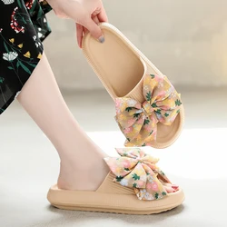 Handmade Bow Tie Slippers Summer Shoes for Women Non-Slip Thick Beach Sandals 2022 Fashion Soft Sole Eva Home Pink Slides