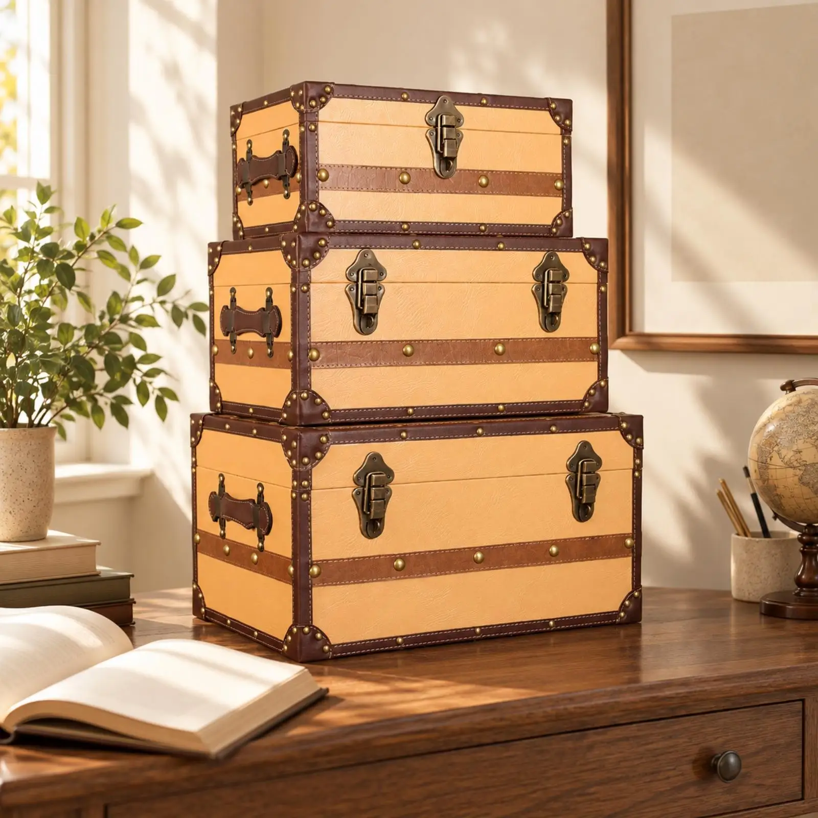 3 Pieces Vintage-Style Trunk with Faux Leather Trim Versatile Vintage Decorative
