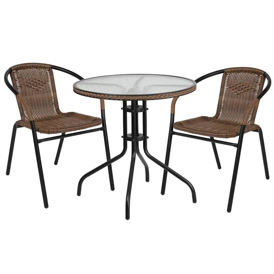 

Lila 28 Round Glass Metal Table with Dark Brown Rattan Edging and 2 Dark Brown Rattan Stack Chairs