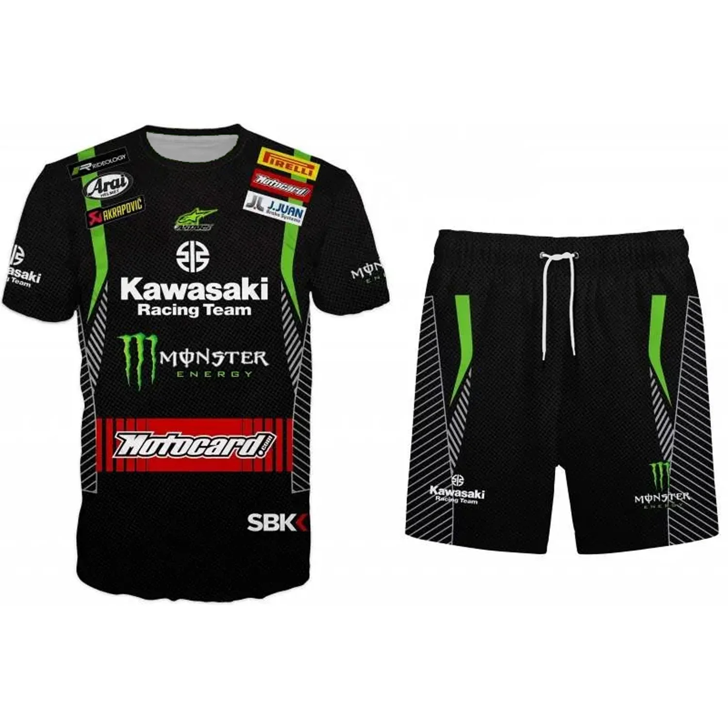 

New Kawasaki Racing Team 3D T-Shirt and Shorts Kit Newest Outdoor Jersey Summer Classic Tee Adults Loose Exercise Motorcycle Set