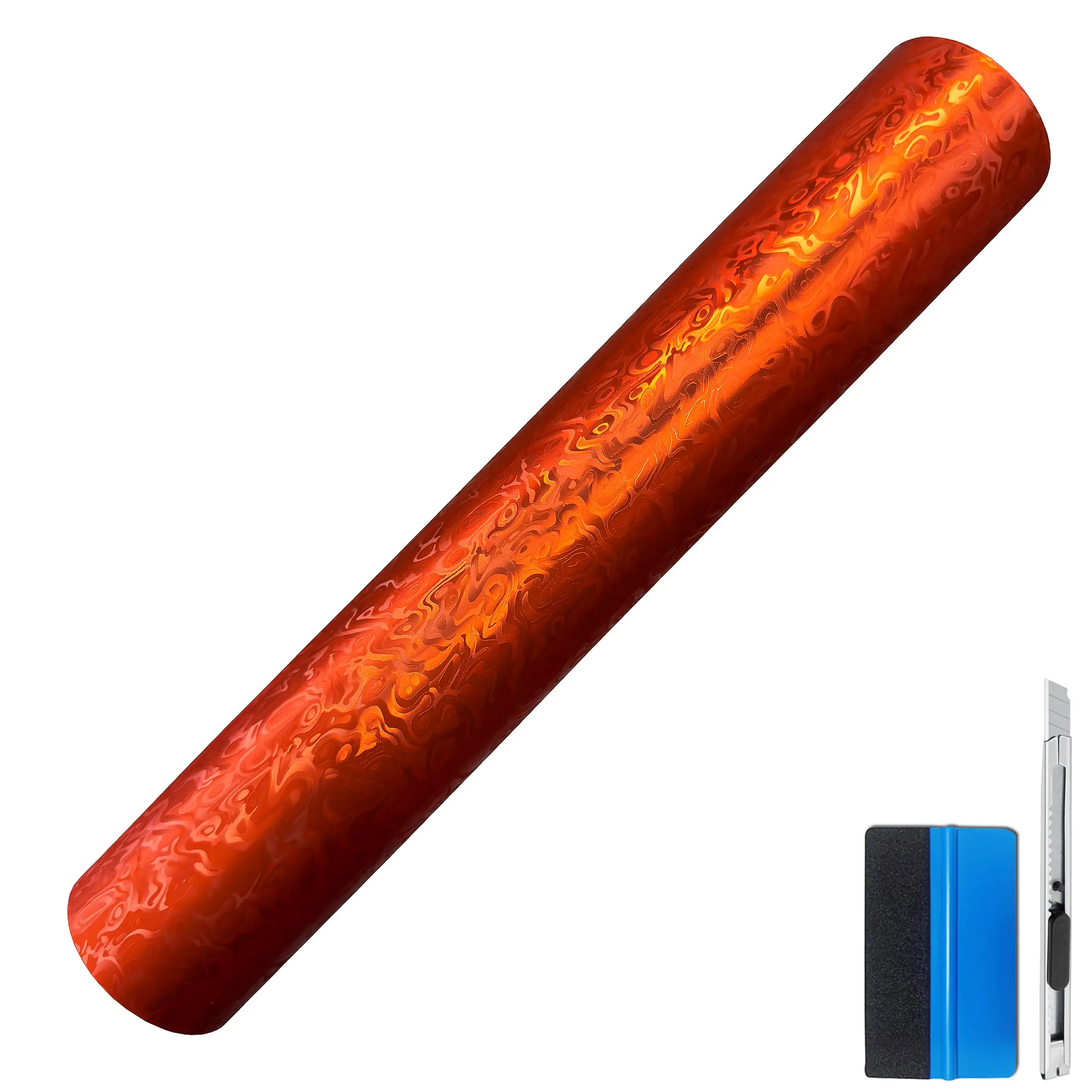 Dynamic Hydrographic Vinyl Wrap Film For Car Body Customization – Fiery Orange Swirl Pattern, 1ft x 10ft, High Gloss Finish