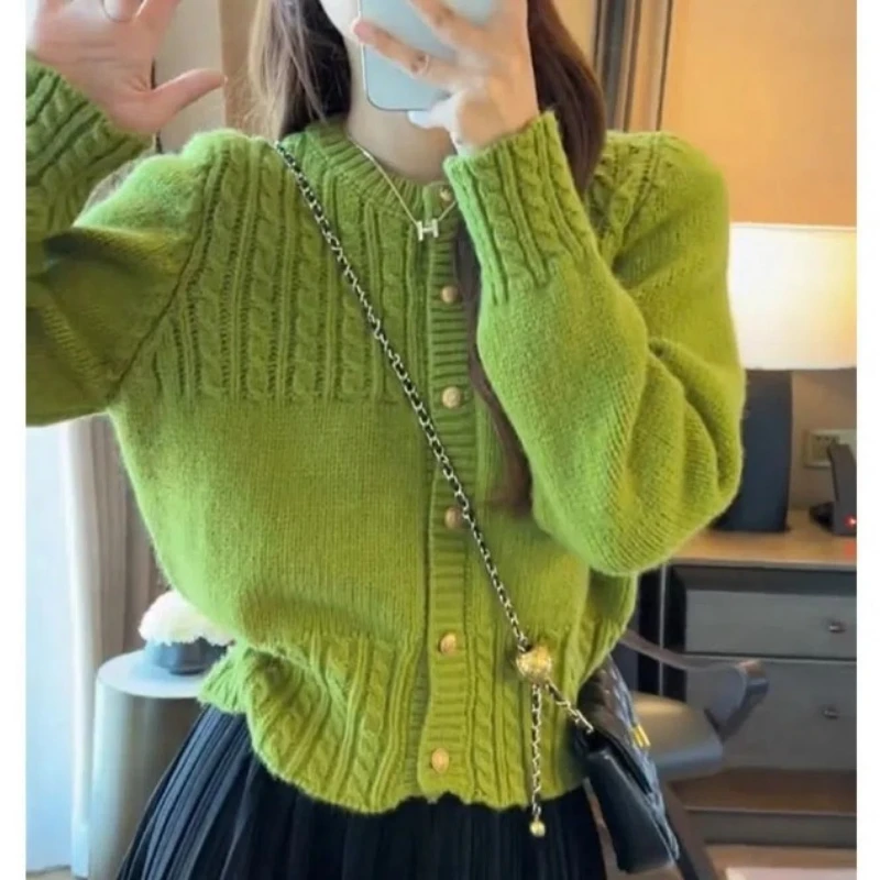 Autumn Winter Women\'s Solid Color Button Long Sleeve Sweater Knitted Sweet Cardigan Casual Hook Flower Hollow Fashionable Tops