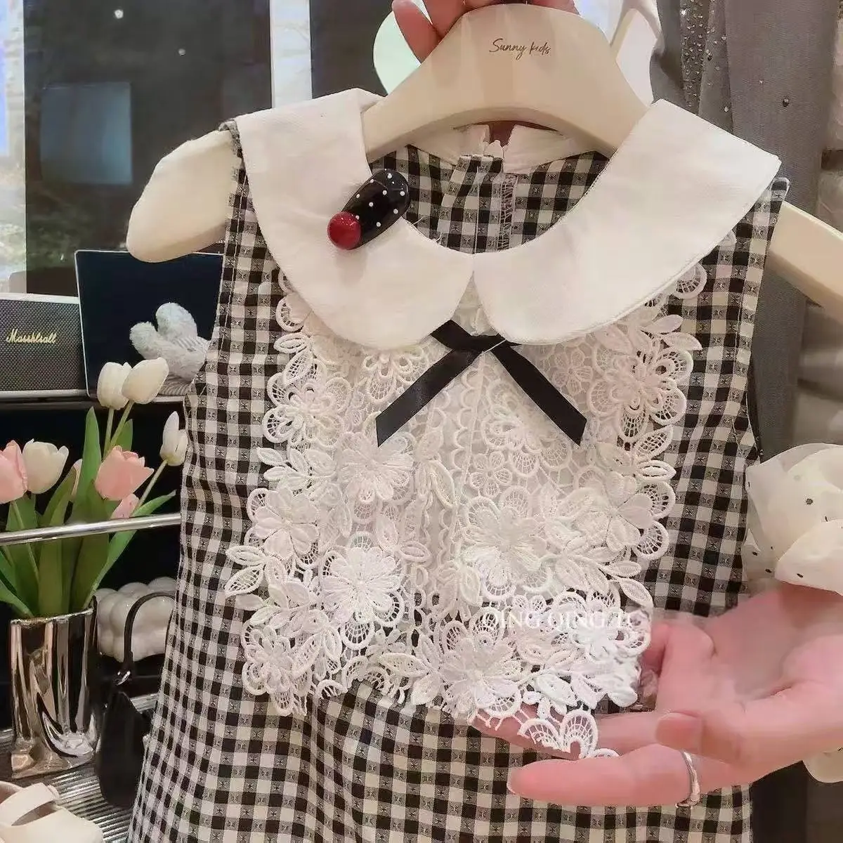 Girls' French Style Peter Pan Collar Lace Dress Checkered Princess Summer 2025 New Design Elegant