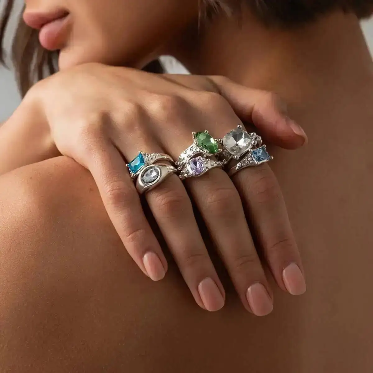 SHIXIN 6Pcs/Set Classic Colorful Glass Drill Open Finger Rings for Women Exquisite Elegant Engagement Rings Fashion Jewelry 2026