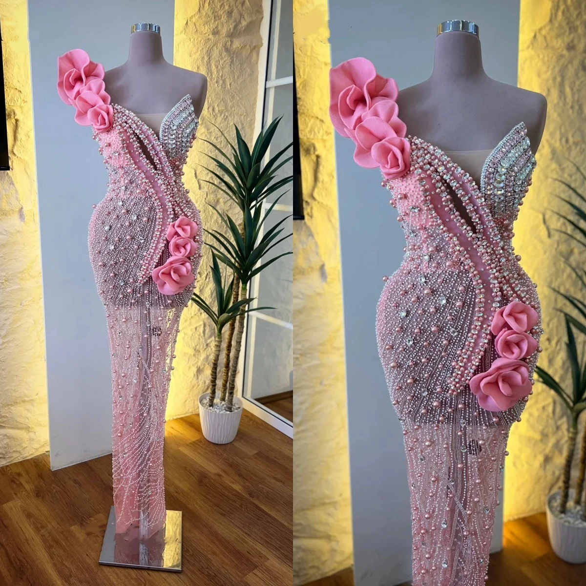 Sexy Evening Dresses Pearls Rhinestone Beading Prom Dress 3D Flower Sleeveless See Through Mermaid Party Gowns Vestidos De Noche