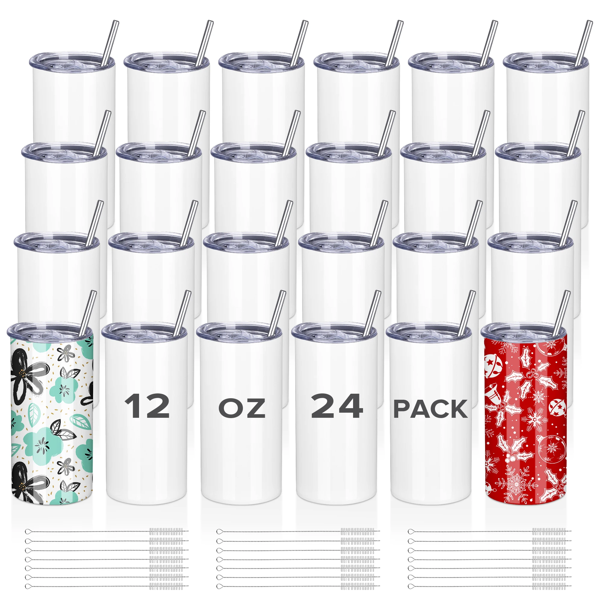 24 Pack 12oz Sublimation Tumblers,With Straw Cap Flat Bottom Blank Cup for DIY Heat Transfer Printing,Bulk Wholesale