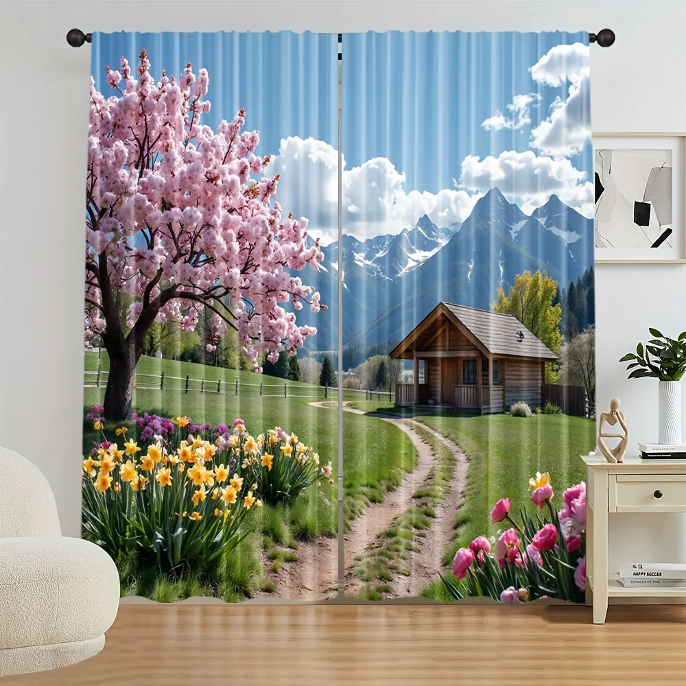 Spring Sakura Cherry Blossom Mountain Landscape Curtain Panel for Living Room Window Decor Cottage Style Romantic