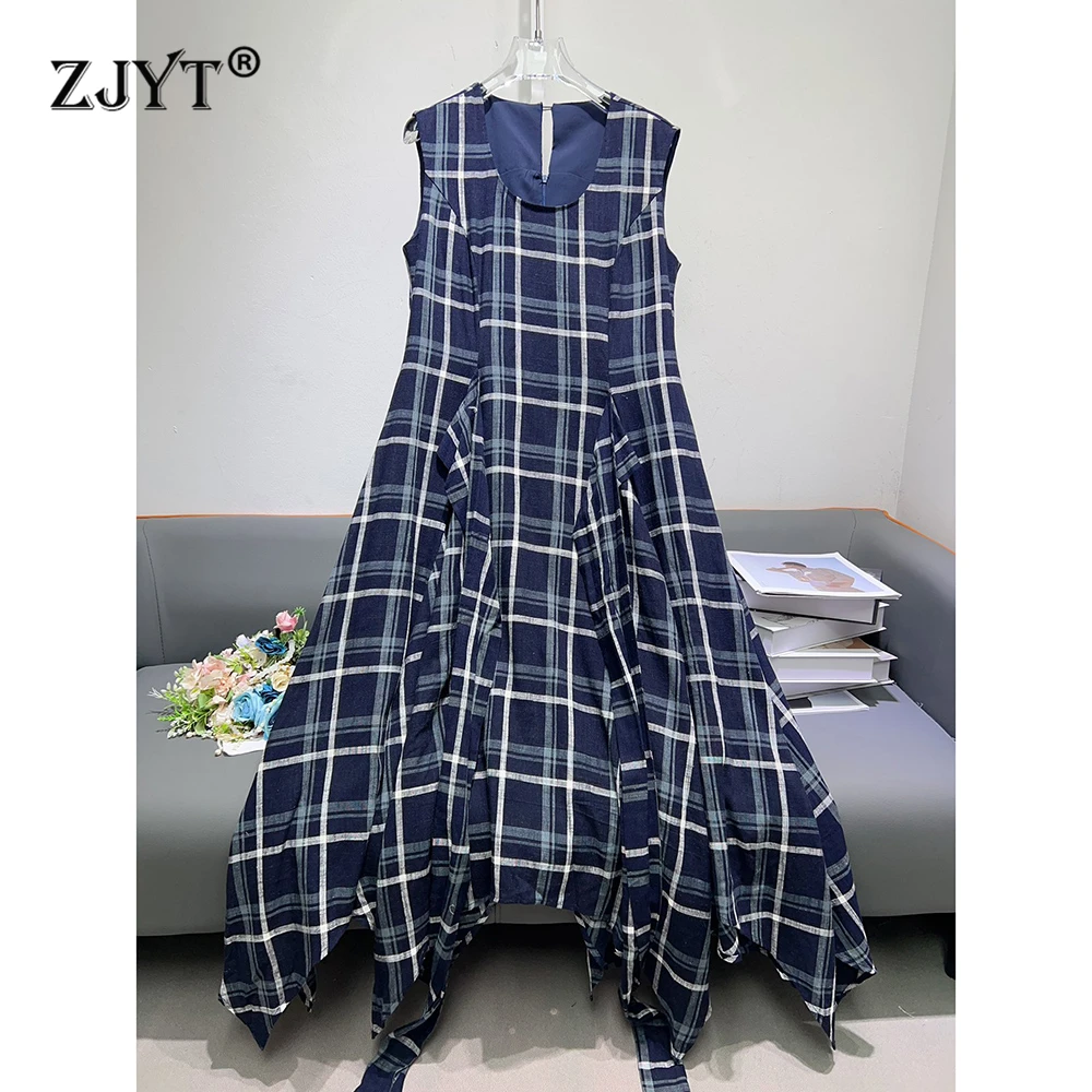 

ZJYT Summer Plaid Print Midi Linen Dresses for Women 2025 High Street Fashion Sleeveless Holiday Casual Tank Dress Blue White