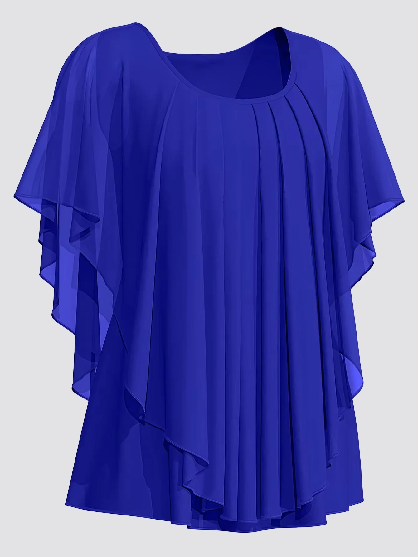 Women\'s Blouse Plus Size Casual Blue Chiffon Double Layer Flutter Sleeve Pleated Asymmetric Hem Blouse Summer Casual O-Neck Top