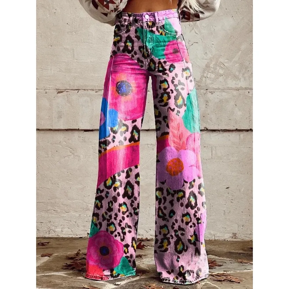 Damen Blaue Orientalische Pflaumenblüten-Druck Hose mit Hoher Taille und Weitem Bein Vintage Blumenmuster Y2K Ästhetik Lose Hose Retro Streetwear – Detail 15