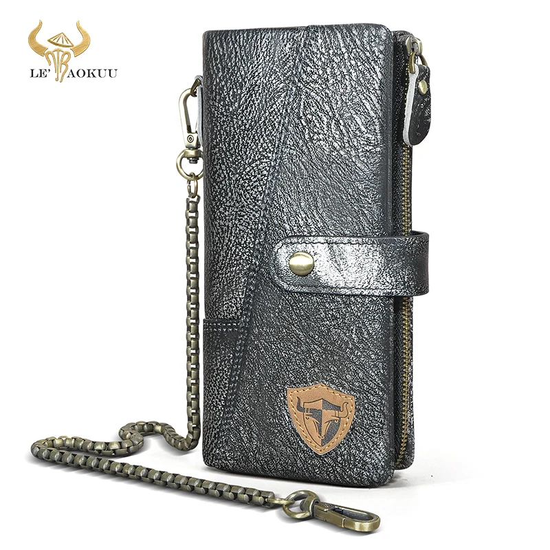 

Hot Sale Crazy Horse Leather Travel Business Organizer Chain RFID Wallet For Men Long Zipper Male Purse Card Holder 1803