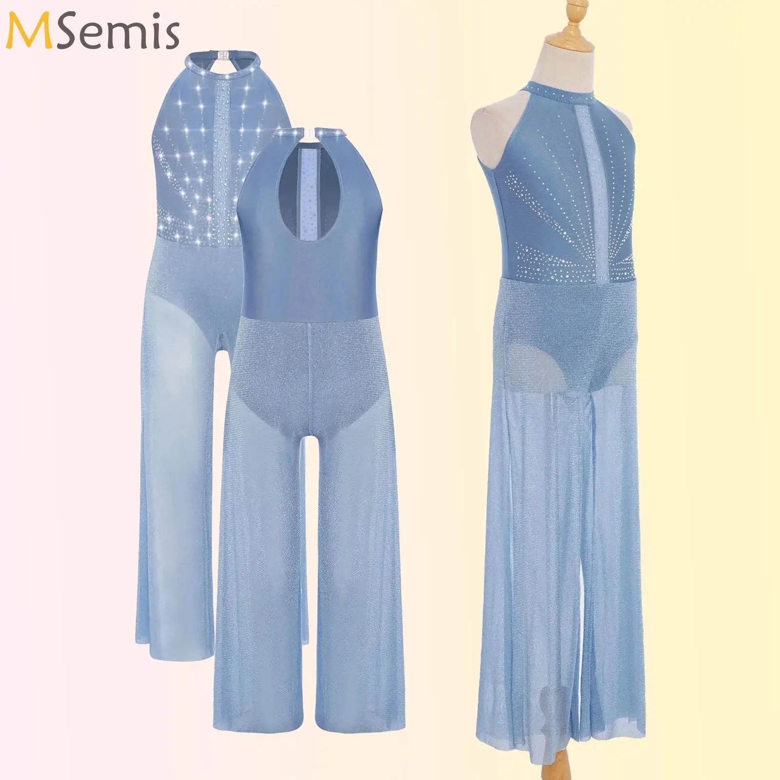 

Kids Girls Latin Dance Performance Costume Shiny Sequins Halter Backless Skirted Jumpsuit Ballet Jazz Ballroom Stage Dancewear