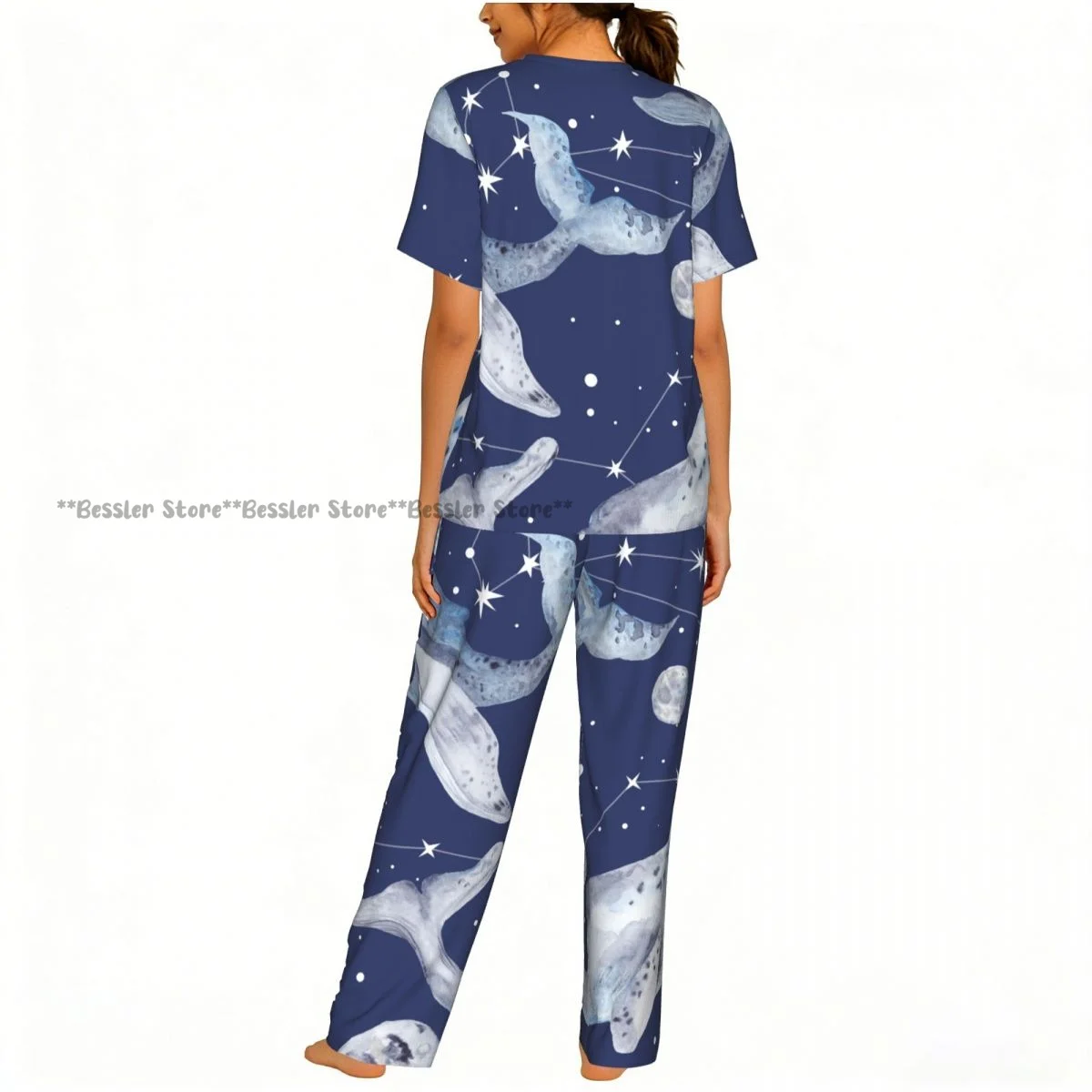 Women's Whales And Constellation Stars Watercolor short sleeve trousers casual pajamas set view 4