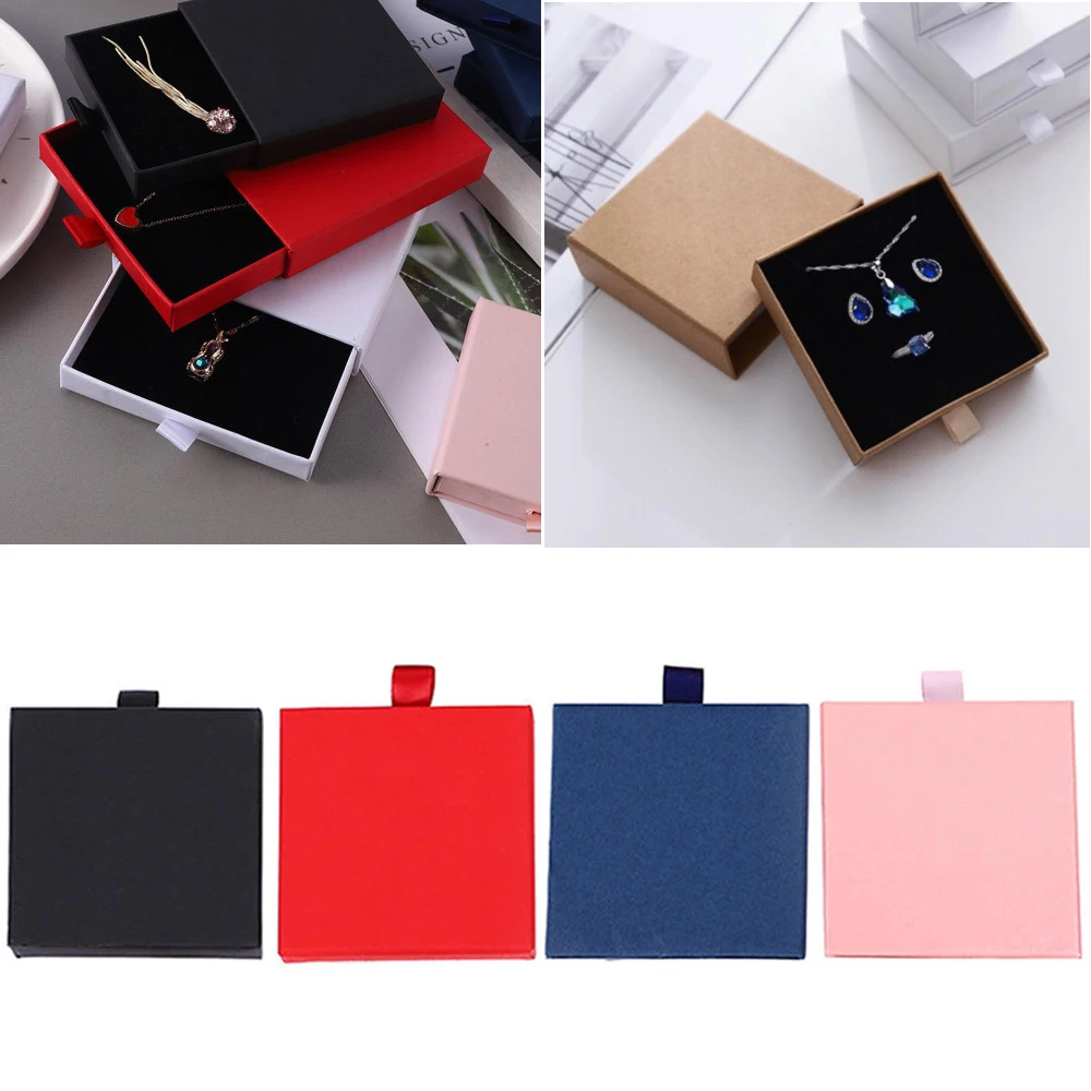 8x8x1.7cm Kraft Paper Drawer Jewelry Box Ring Earrings Bracelet Pendant Organizer Display Case Jewelry Gift Packaging Case