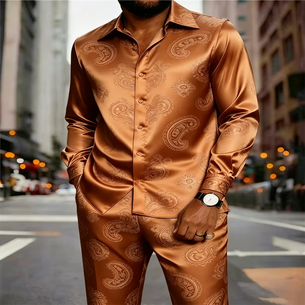 Men's 2‑Piece Satin Outfit Luxury Paisley Print Long Sleeve Button Shirt + Pants Set Vintage Lapel Casual PartyWedding Clothing