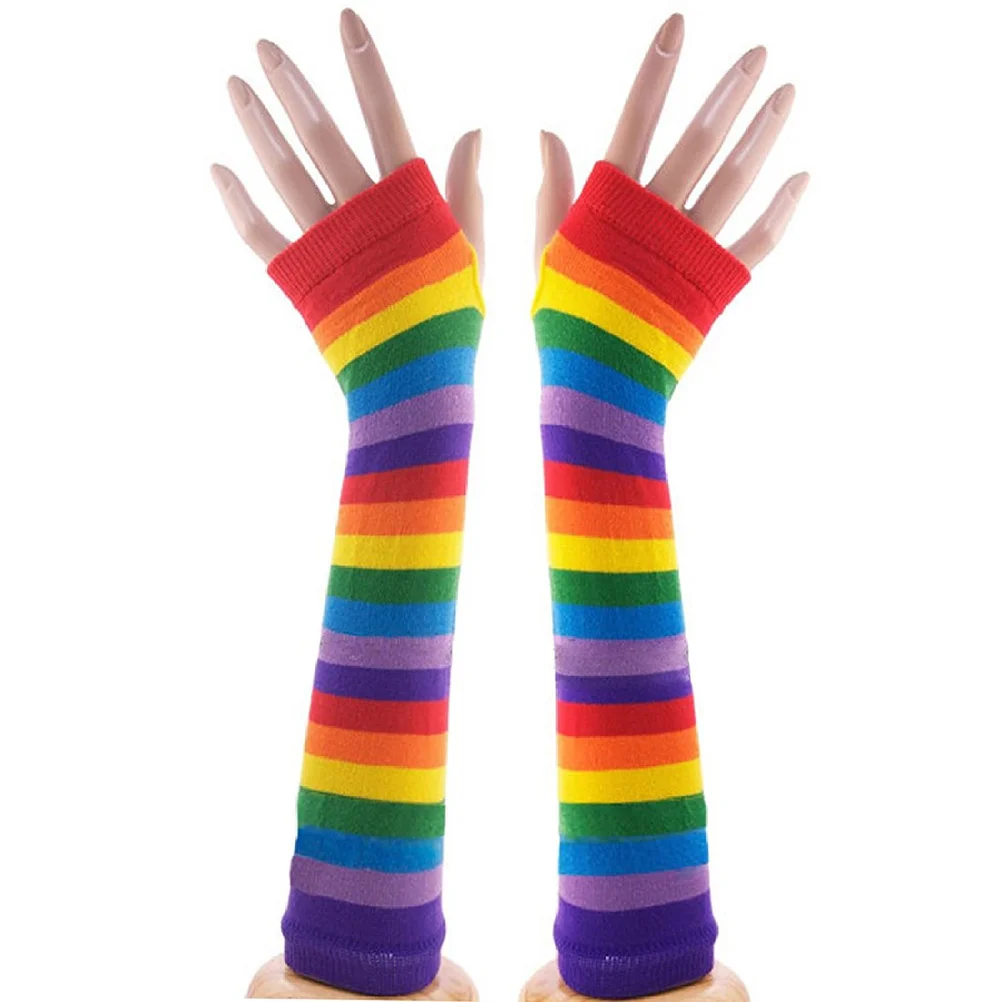 

Pair of Colorful Rainbow Stripes Arm Warmer Fingerless Knit Fingerless Gloves Winter warmer Long gloves