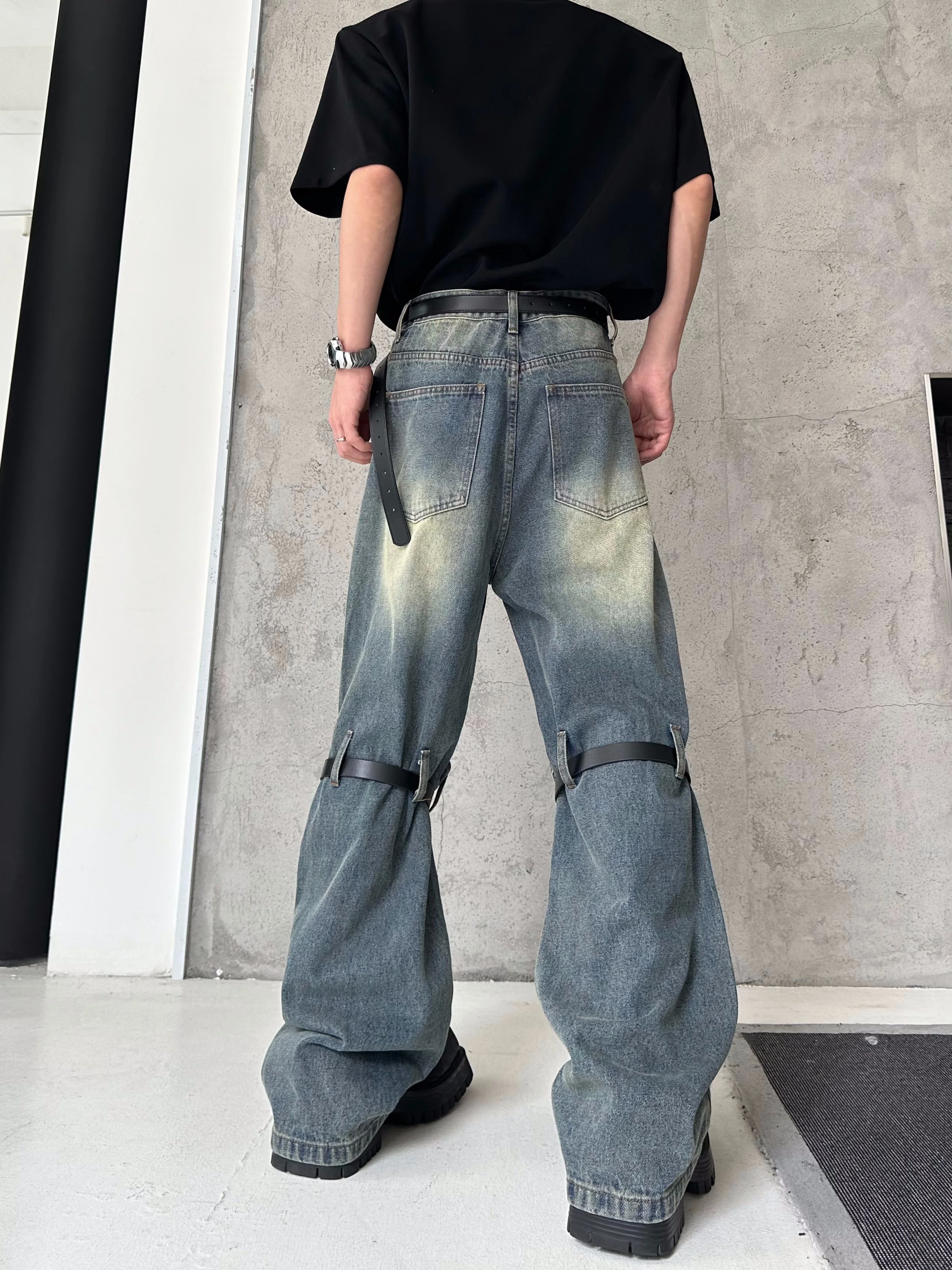 Original Deconstructed Design Belted Loose Straight Leg Jeans Casual Summer Long Trousers Trendy Loose Jeans High Waist