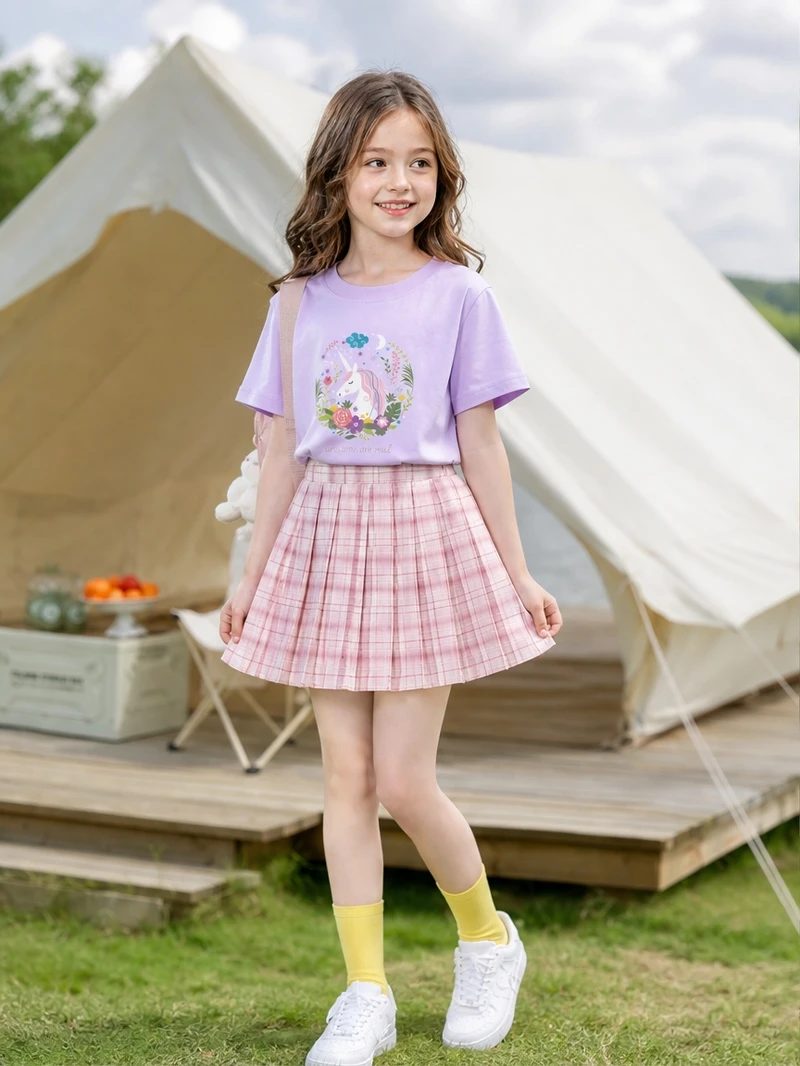 Girls Preppy Style 2 Piece Outfit Cotton Unicorn Print T Shirt Plaid Pleated Skirt With Lining School Clothes 4-14years