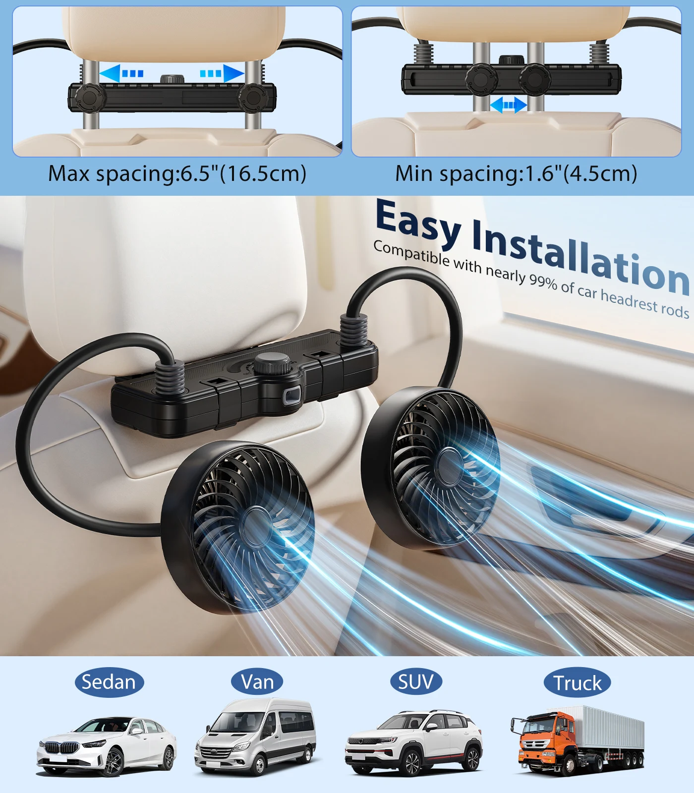 Eary Dual Head Car Headrest Hose Fan USB Rechargeable 3000mAh 360°Rotate Cooling Fan for Rear Seat Kids Air Cooler for Sedan SUV